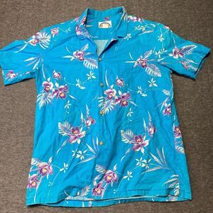 VINTAGE Paradise Found Hawaii Button Up Shirt Men L Large Blue Floral Tropical